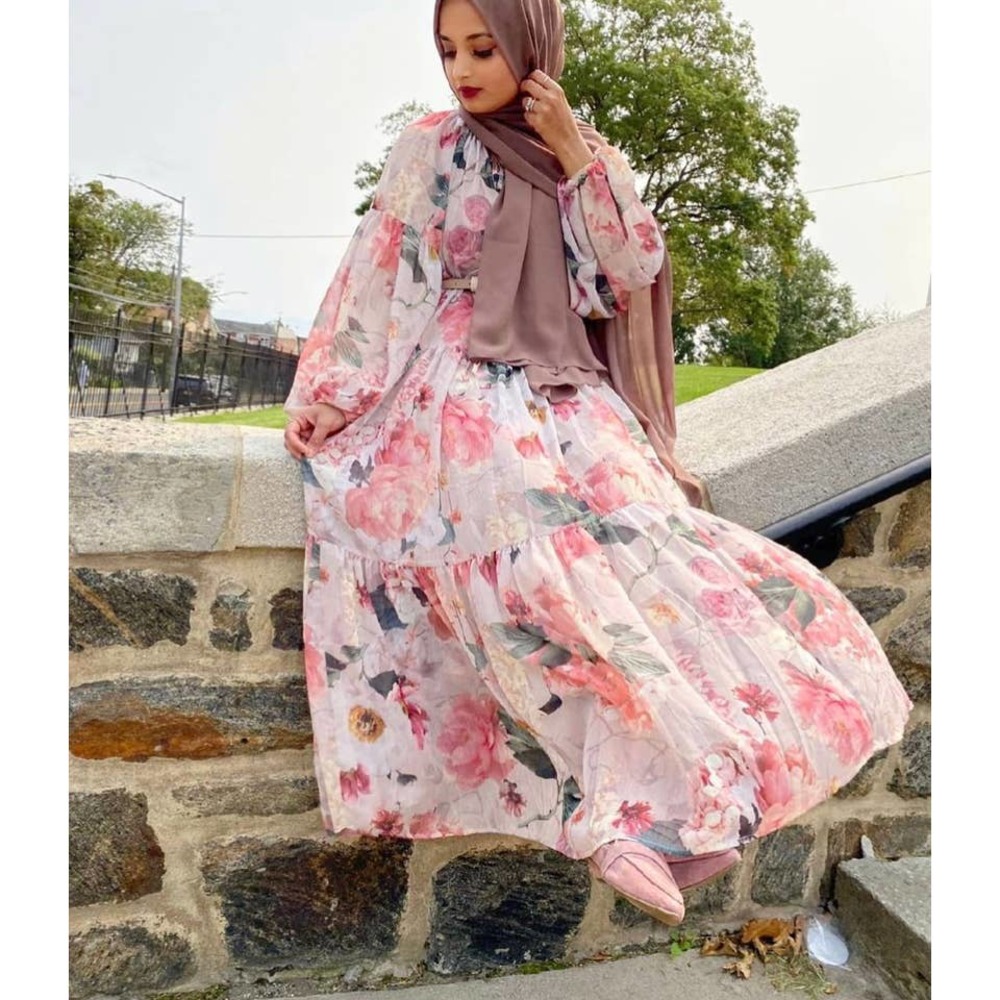 Chiffon Wide Cut Floral Dress Balloon Slee… - Picture 2 of 14